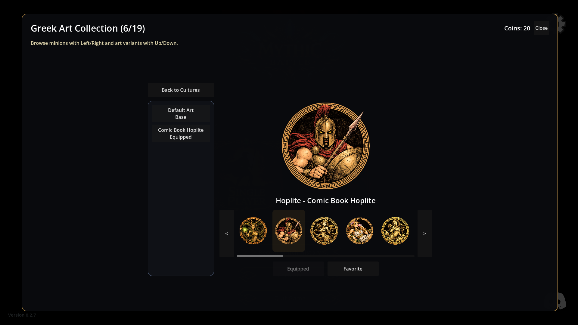 Mythic Battle card art collection browser showing alternate Greek card art.