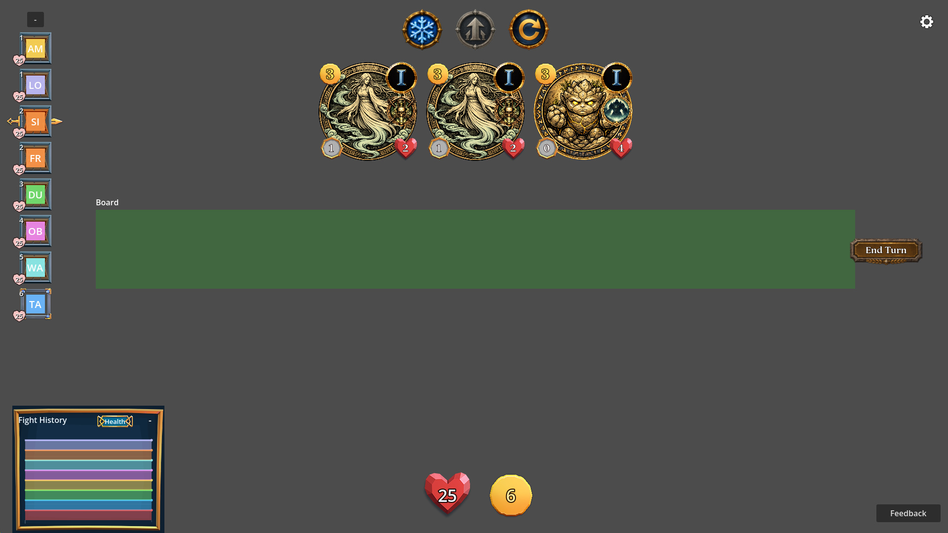 Mythic Battle shop and board view with player health, gold, fight history, and shop cards.