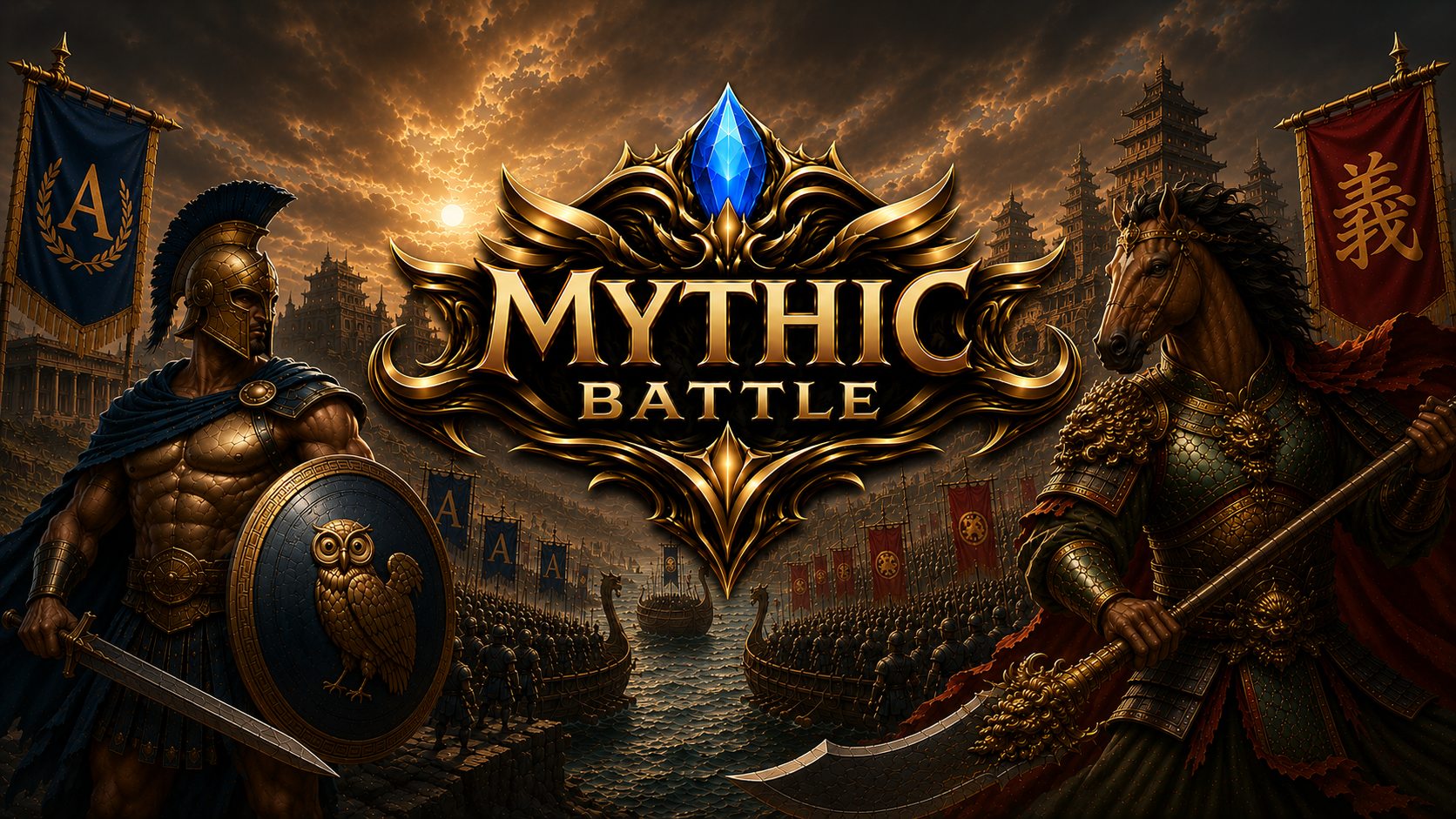 Mythic Battle key art with Greek and Chinese mythic warriors facing each other.