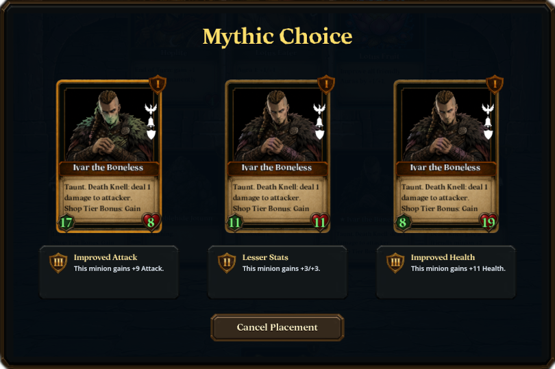 Mythic Choice screen offering three upgraded versions of a card.