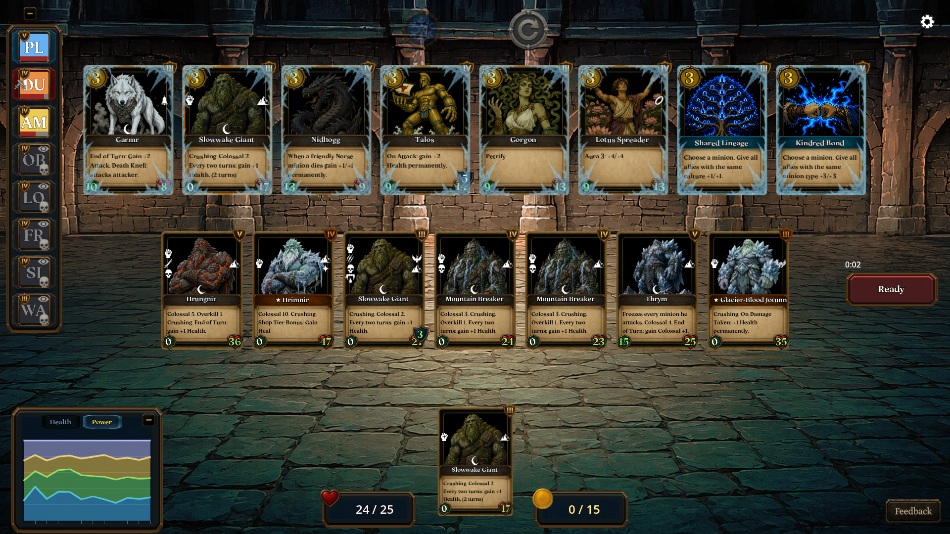Large board and shop state with frozen cards and minions arranged for combat.