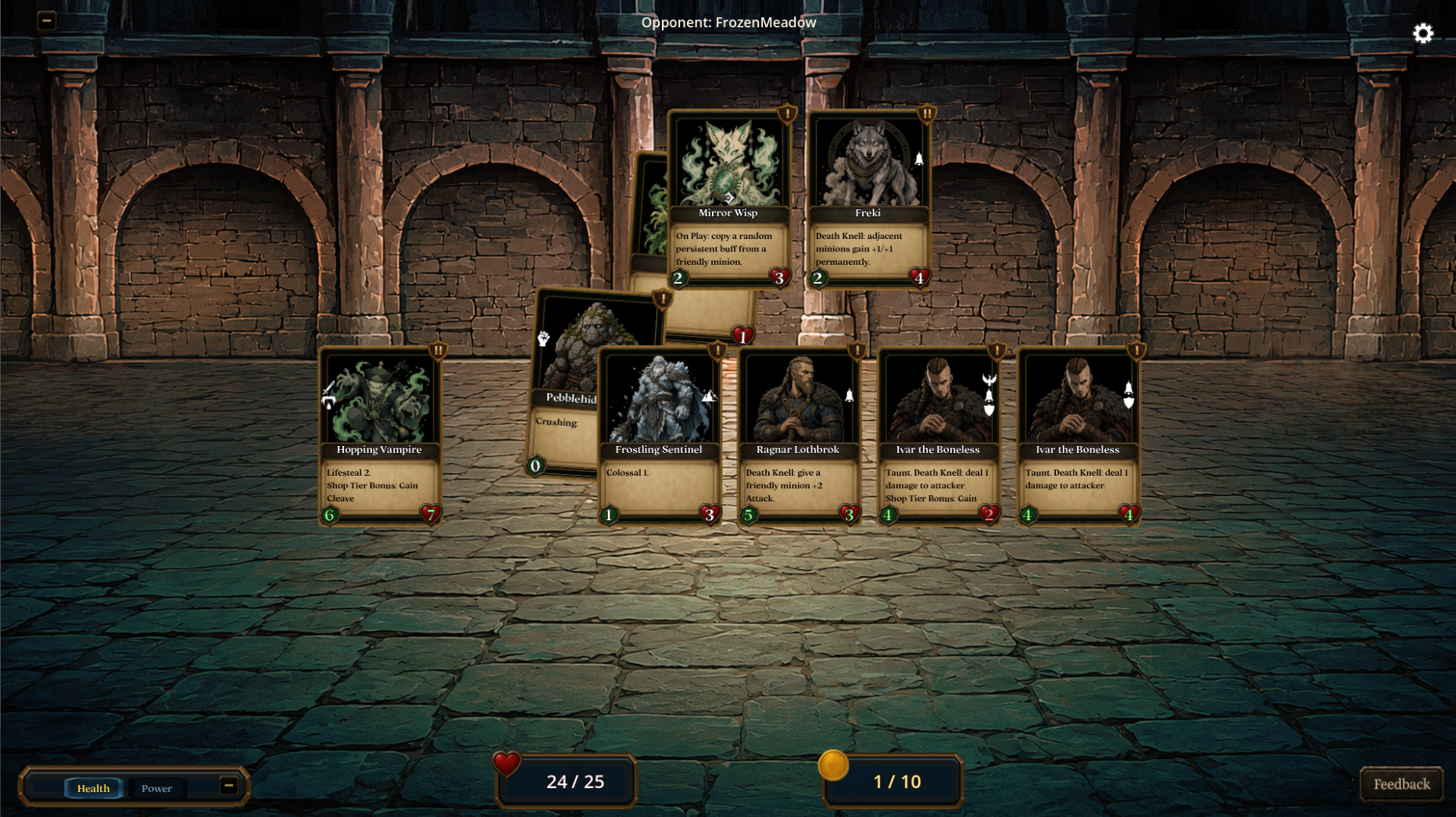 Combat phase with cards attacking across the arena.