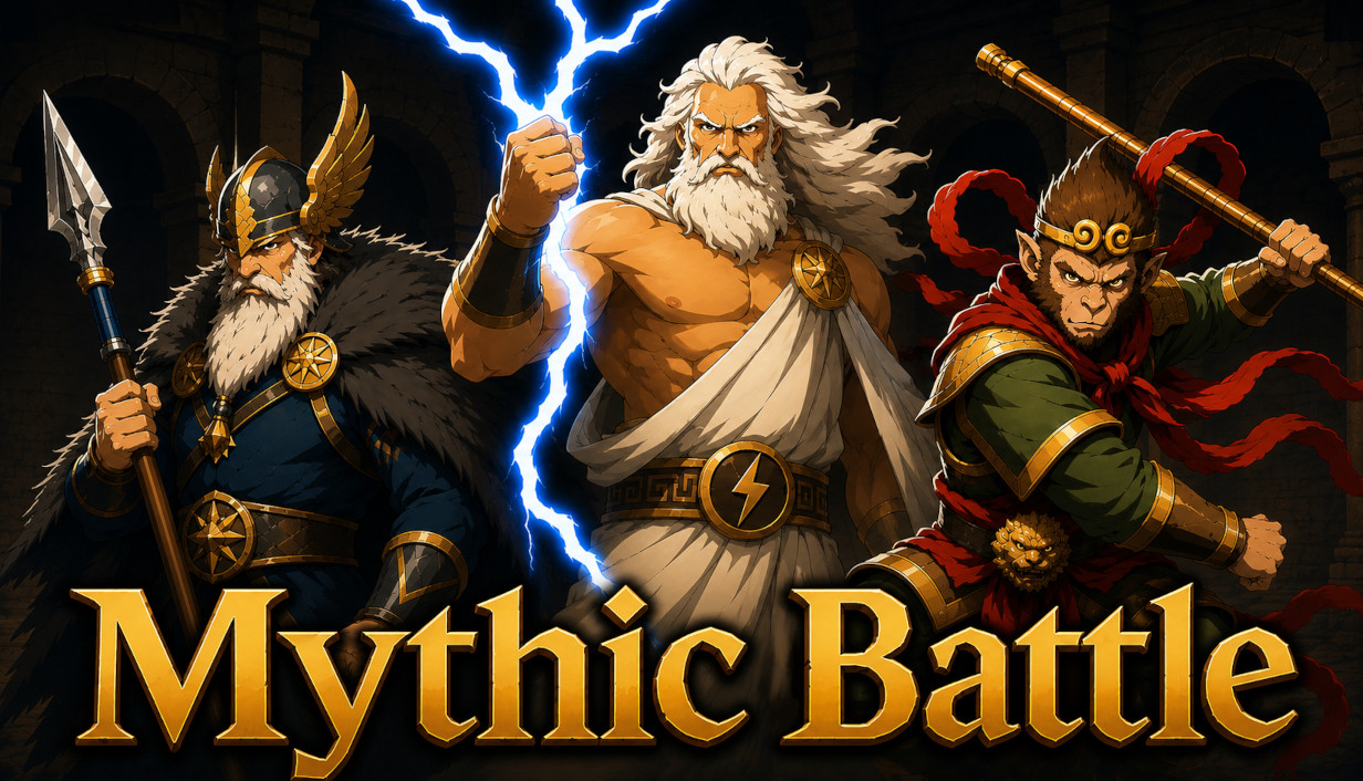 Mythic Battle key art with Zeus, Sun Wukong, and a Norse warrior.
