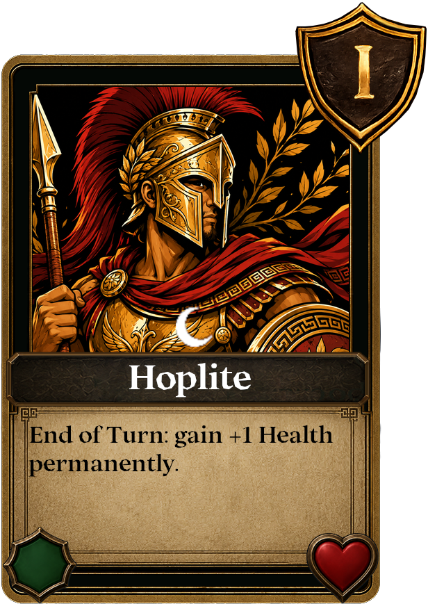 Hoplite card with End of Turn health scaling.