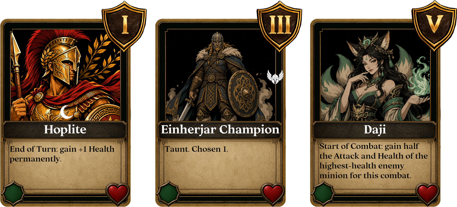 Three Mythic Battle cards: Hoplite, Einherjar Champion, and Daji.